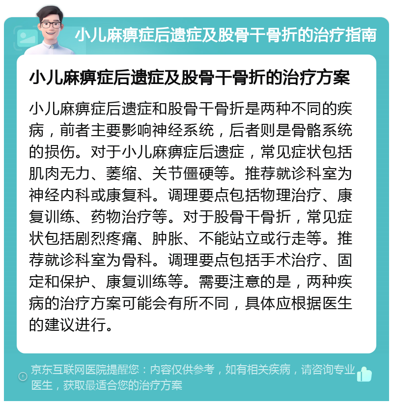 小儿麻痹症后遗症及股骨干骨折的治疗指南 小儿麻痹症后遗症及股骨干骨折的治疗方案 小儿麻痹症后遗症和股骨干骨折是两种不同的疾病，前者主要影响神经系统，后者则是骨骼系统的损伤。对于小儿麻痹症后遗症，常见症状包括肌肉无力、萎缩、关节僵硬等。推荐就诊科室为神经内科或康复科。调理要点包括物理治疗、康复训练、药物治疗等。对于股骨干骨折，常见症状包括剧烈疼痛、肿胀、不能站立或行走等。推荐就诊科室为骨科。调理要点包括手术治疗、固定和保护、康复训练等。需要注意的是，两种疾病的治疗方案可能会有所不同，具体应根据医生的建议进行。