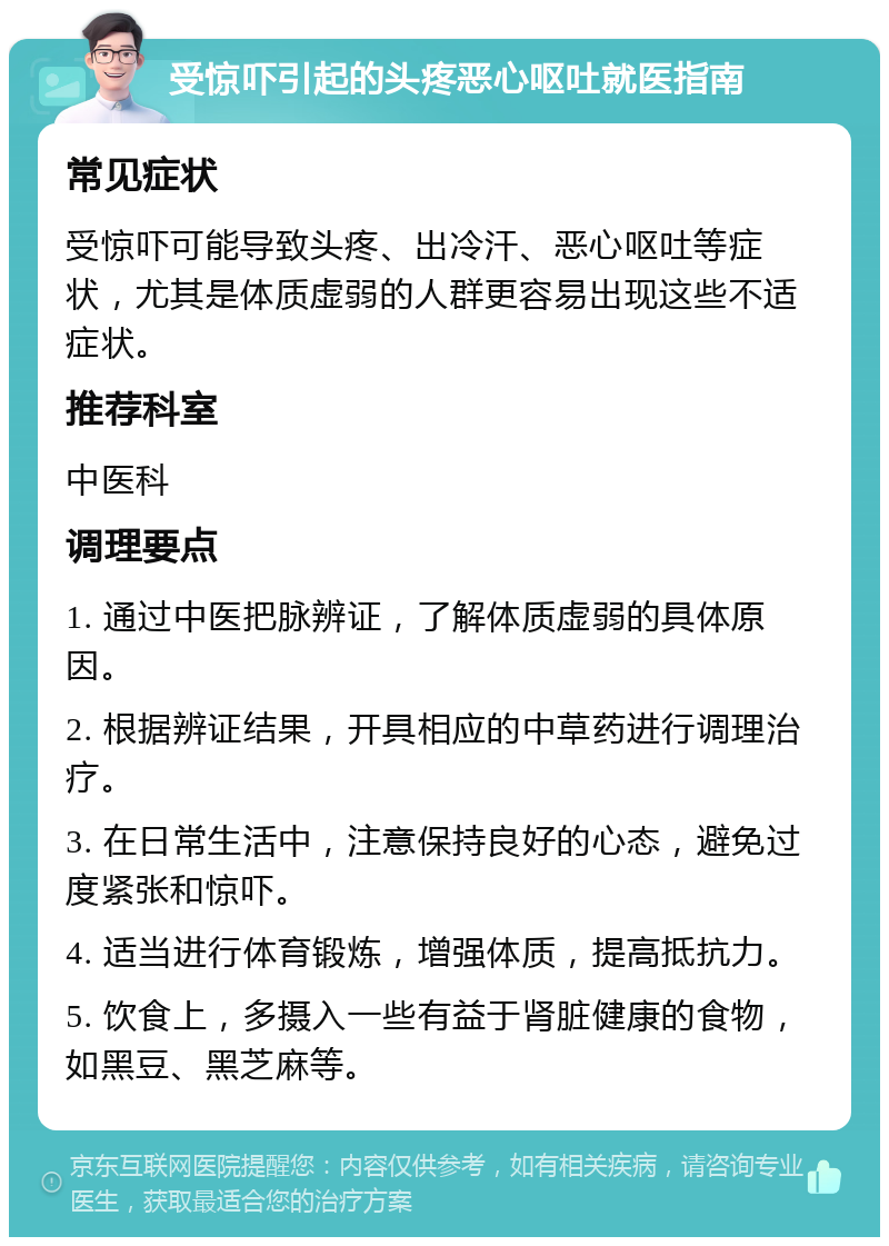 受惊吓引起的头疼恶心呕吐就医指南 常见症状 受惊吓可能导致头疼、出冷汗、恶心呕吐等症状，尤其是体质虚弱的人群更容易出现这些不适症状。 推荐科室 中医科 调理要点 1. 通过中医把脉辨证，了解体质虚弱的具体原因。 2. 根据辨证结果，开具相应的中草药进行调理治疗。 3. 在日常生活中，注意保持良好的心态，避免过度紧张和惊吓。 4. 适当进行体育锻炼，增强体质，提高抵抗力。 5. 饮食上，多摄入一些有益于肾脏健康的食物，如黑豆、黑芝麻等。