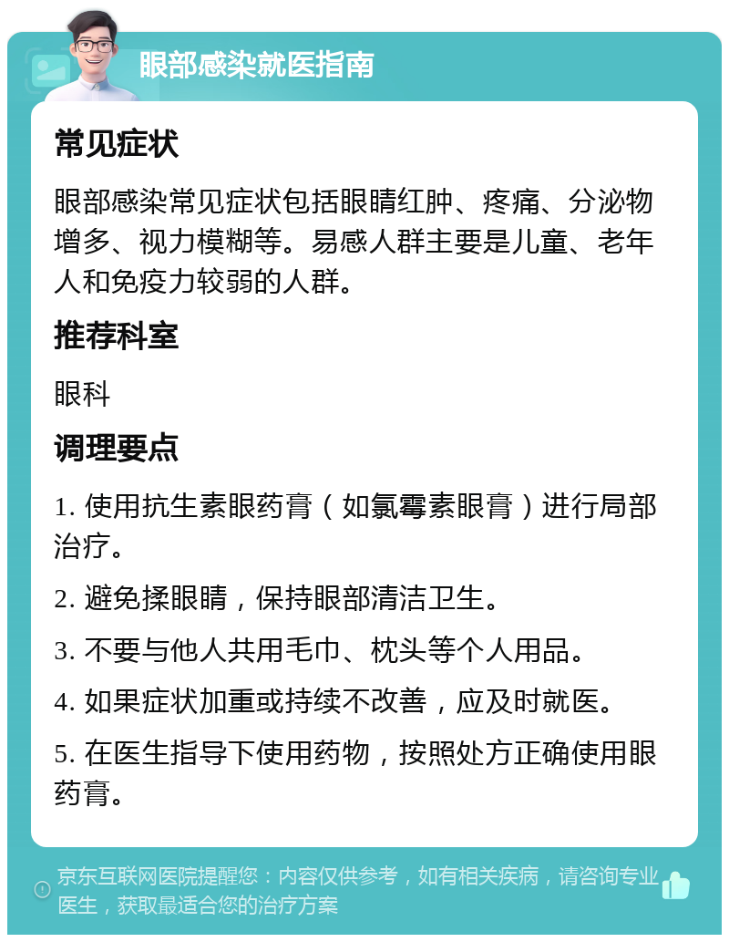 眼部感染就医指南 常见症状 眼部感染常见症状包括眼睛红肿、疼痛、分泌物增多、视力模糊等。易感人群主要是儿童、老年人和免疫力较弱的人群。 推荐科室 眼科 调理要点 1. 使用抗生素眼药膏（如氯霉素眼膏）进行局部治疗。 2. 避免揉眼睛，保持眼部清洁卫生。 3. 不要与他人共用毛巾、枕头等个人用品。 4. 如果症状加重或持续不改善，应及时就医。 5. 在医生指导下使用药物，按照处方正确使用眼药膏。