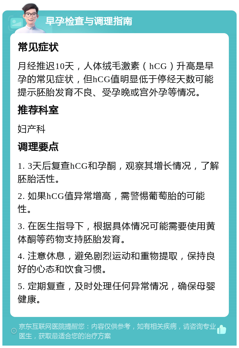 早孕检查与调理指南 常见症状 月经推迟10天，人体绒毛激素（hCG）升高是早孕的常见症状，但hCG值明显低于停经天数可能提示胚胎发育不良、受孕晚或宫外孕等情况。 推荐科室 妇产科 调理要点 1. 3天后复查hCG和孕酮，观察其增长情况，了解胚胎活性。 2. 如果hCG值异常增高，需警惕葡萄胎的可能性。 3. 在医生指导下，根据具体情况可能需要使用黄体酮等药物支持胚胎发育。 4. 注意休息，避免剧烈运动和重物提取，保持良好的心态和饮食习惯。 5. 定期复查，及时处理任何异常情况，确保母婴健康。