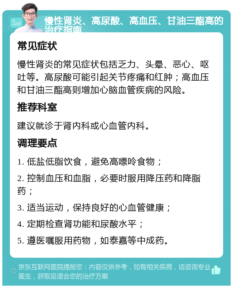 慢性肾炎、高尿酸、高血压、甘油三酯高的治疗指南 常见症状 慢性肾炎的常见症状包括乏力、头晕、恶心、呕吐等。高尿酸可能引起关节疼痛和红肿；高血压和甘油三酯高则增加心脑血管疾病的风险。 推荐科室 建议就诊于肾内科或心血管内科。 调理要点 1. 低盐低脂饮食，避免高嘌呤食物； 2. 控制血压和血脂，必要时服用降压药和降脂药； 3. 适当运动，保持良好的心血管健康； 4. 定期检查肾功能和尿酸水平； 5. 遵医嘱服用药物，如泰嘉等中成药。