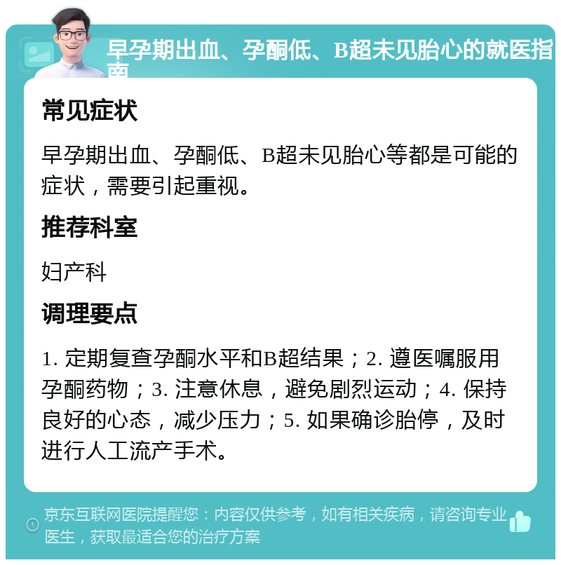 早孕期出血、孕酮低、B超未见胎心的就医指南 常见症状 早孕期出血、孕酮低、B超未见胎心等都是可能的症状，需要引起重视。 推荐科室 妇产科 调理要点 1. 定期复查孕酮水平和B超结果；2. 遵医嘱服用孕酮药物；3. 注意休息，避免剧烈运动；4. 保持良好的心态，减少压力；5. 如果确诊胎停，及时进行人工流产手术。