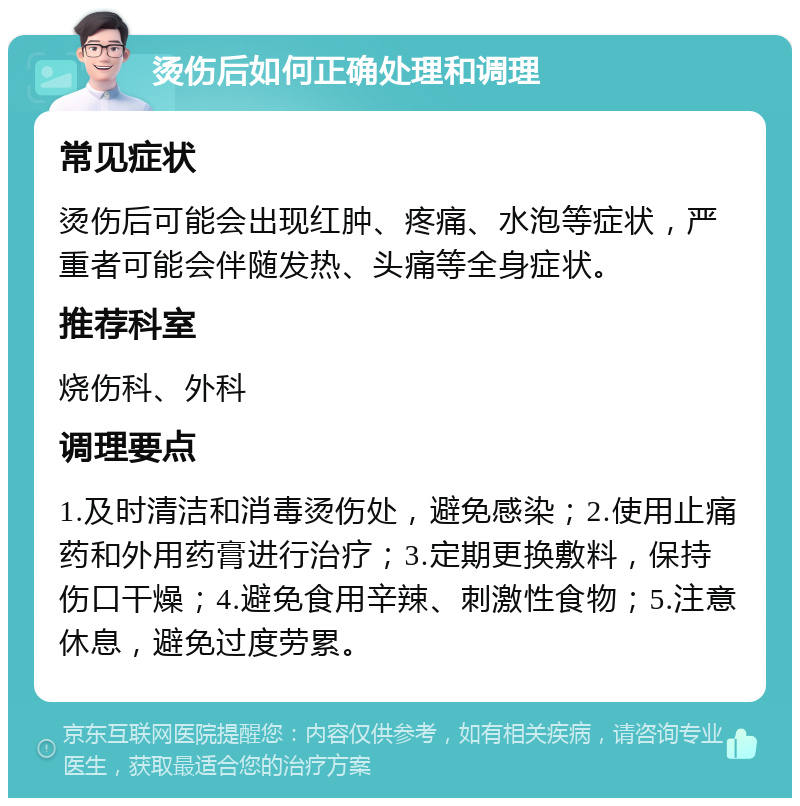 烫伤后如何正确处理和调理 常见症状 烫伤后可能会出现红肿、疼痛、水泡等症状，严重者可能会伴随发热、头痛等全身症状。 推荐科室 烧伤科、外科 调理要点 1.及时清洁和消毒烫伤处，避免感染；2.使用止痛药和外用药膏进行治疗；3.定期更换敷料，保持伤口干燥；4.避免食用辛辣、刺激性食物；5.注意休息，避免过度劳累。