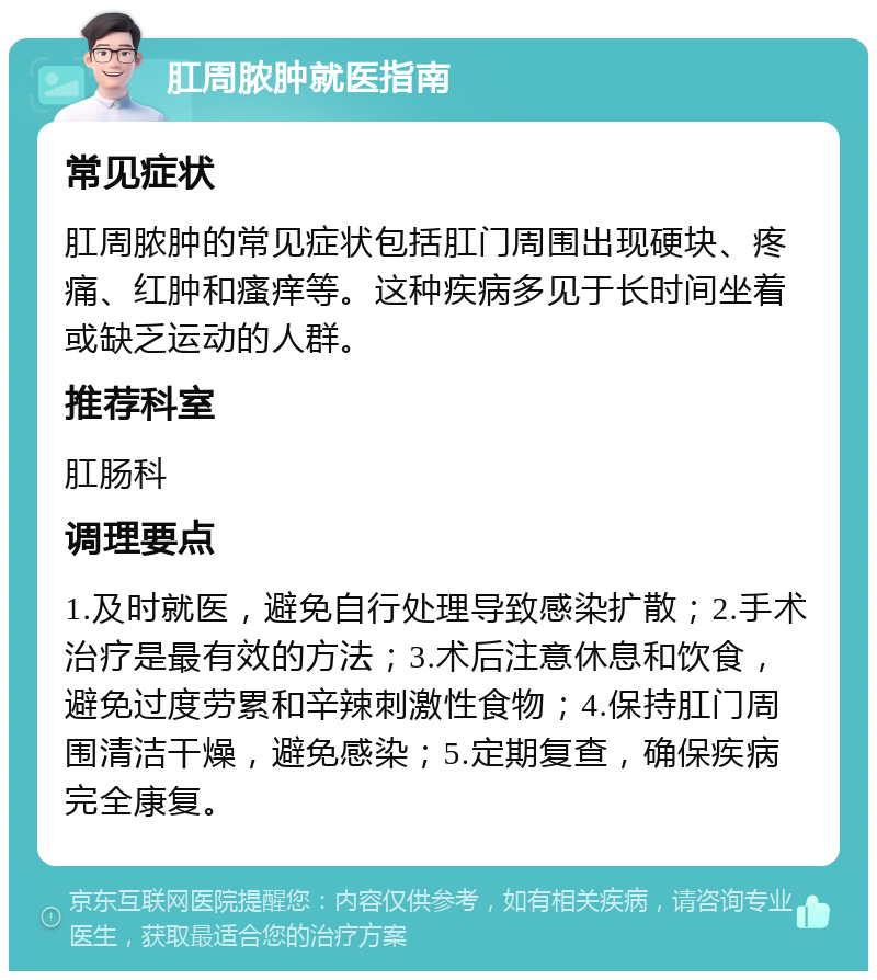 肛周脓肿就医指南 常见症状 肛周脓肿的常见症状包括肛门周围出现硬块、疼痛、红肿和瘙痒等。这种疾病多见于长时间坐着或缺乏运动的人群。 推荐科室 肛肠科 调理要点 1.及时就医，避免自行处理导致感染扩散；2.手术治疗是最有效的方法；3.术后注意休息和饮食，避免过度劳累和辛辣刺激性食物；4.保持肛门周围清洁干燥，避免感染；5.定期复查，确保疾病完全康复。