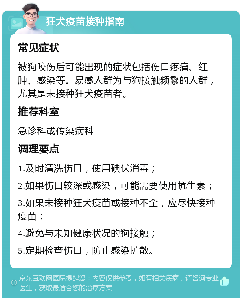 狂犬疫苗接种指南 常见症状 被狗咬伤后可能出现的症状包括伤口疼痛、红肿、感染等。易感人群为与狗接触频繁的人群，尤其是未接种狂犬疫苗者。 推荐科室 急诊科或传染病科 调理要点 1.及时清洗伤口，使用碘伏消毒； 2.如果伤口较深或感染，可能需要使用抗生素； 3.如果未接种狂犬疫苗或接种不全，应尽快接种疫苗； 4.避免与未知健康状况的狗接触； 5.定期检查伤口，防止感染扩散。