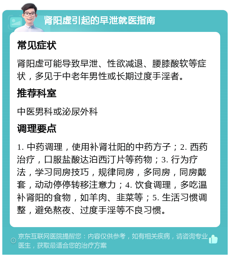 肾阳虚引起的早泄就医指南 常见症状 肾阳虚可能导致早泄、性欲减退、腰膝酸软等症状，多见于中老年男性或长期过度手淫者。 推荐科室 中医男科或泌尿外科 调理要点 1. 中药调理，使用补肾壮阳的中药方子；2. 西药治疗，口服盐酸达泊西汀片等药物；3. 行为疗法，学习同房技巧，规律同房，多同房，同房戴套，动动停停转移注意力；4. 饮食调理，多吃温补肾阳的食物，如羊肉、韭菜等；5. 生活习惯调整，避免熬夜、过度手淫等不良习惯。