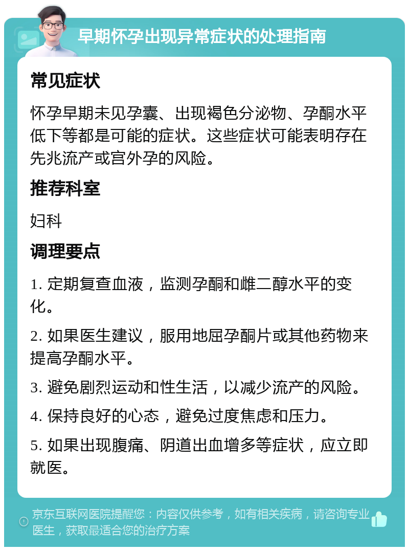 早期怀孕出现异常症状的处理指南 常见症状 怀孕早期未见孕囊、出现褐色分泌物、孕酮水平低下等都是可能的症状。这些症状可能表明存在先兆流产或宫外孕的风险。 推荐科室 妇科 调理要点 1. 定期复查血液，监测孕酮和雌二醇水平的变化。 2. 如果医生建议，服用地屈孕酮片或其他药物来提高孕酮水平。 3. 避免剧烈运动和性生活，以减少流产的风险。 4. 保持良好的心态，避免过度焦虑和压力。 5. 如果出现腹痛、阴道出血增多等症状，应立即就医。