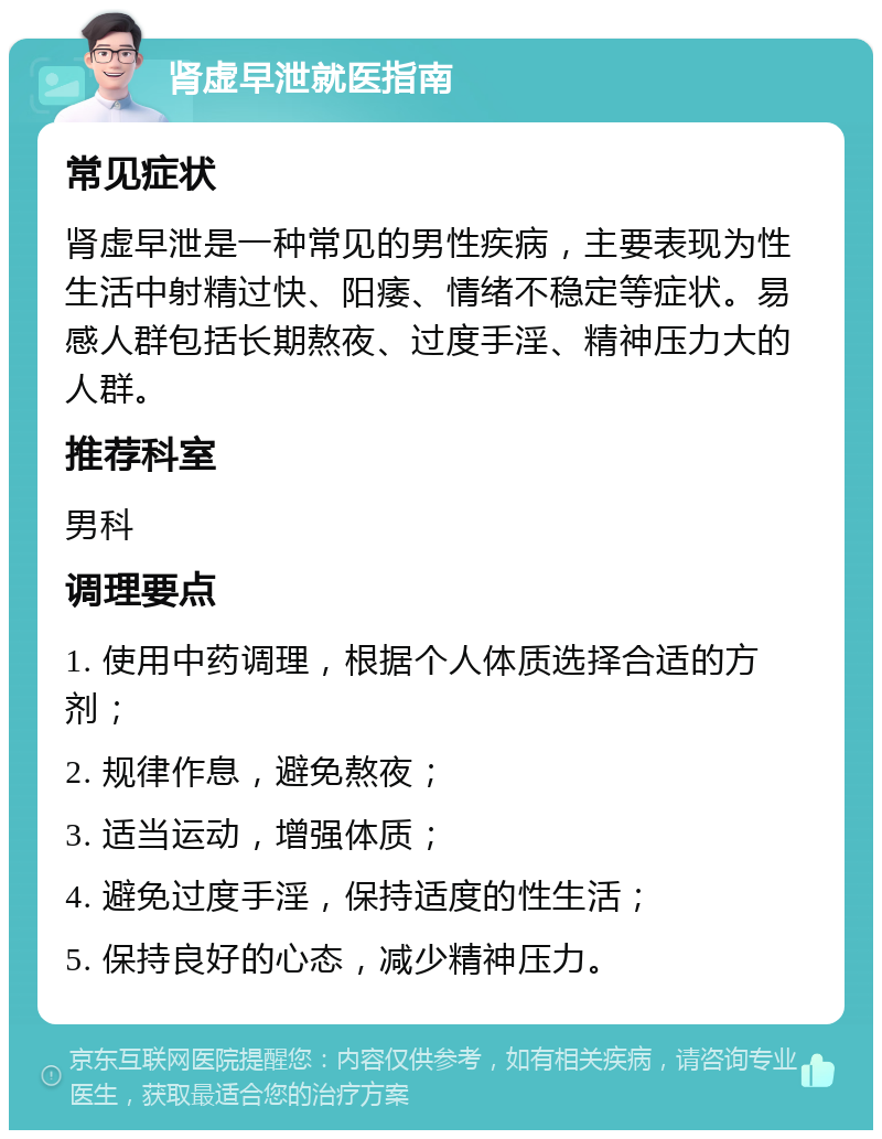 肾虚早泄就医指南 常见症状 肾虚早泄是一种常见的男性疾病，主要表现为性生活中射精过快、阳痿、情绪不稳定等症状。易感人群包括长期熬夜、过度手淫、精神压力大的人群。 推荐科室 男科 调理要点 1. 使用中药调理，根据个人体质选择合适的方剂； 2. 规律作息，避免熬夜； 3. 适当运动，增强体质； 4. 避免过度手淫，保持适度的性生活； 5. 保持良好的心态，减少精神压力。