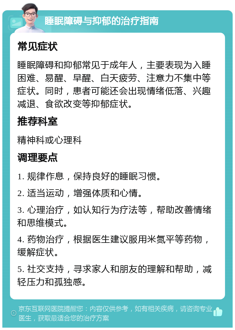 睡眠障碍与抑郁的治疗指南 常见症状 睡眠障碍和抑郁常见于成年人，主要表现为入睡困难、易醒、早醒、白天疲劳、注意力不集中等症状。同时，患者可能还会出现情绪低落、兴趣减退、食欲改变等抑郁症状。 推荐科室 精神科或心理科 调理要点 1. 规律作息，保持良好的睡眠习惯。 2. 适当运动，增强体质和心情。 3. 心理治疗，如认知行为疗法等，帮助改善情绪和思维模式。 4. 药物治疗，根据医生建议服用米氮平等药物，缓解症状。 5. 社交支持，寻求家人和朋友的理解和帮助，减轻压力和孤独感。