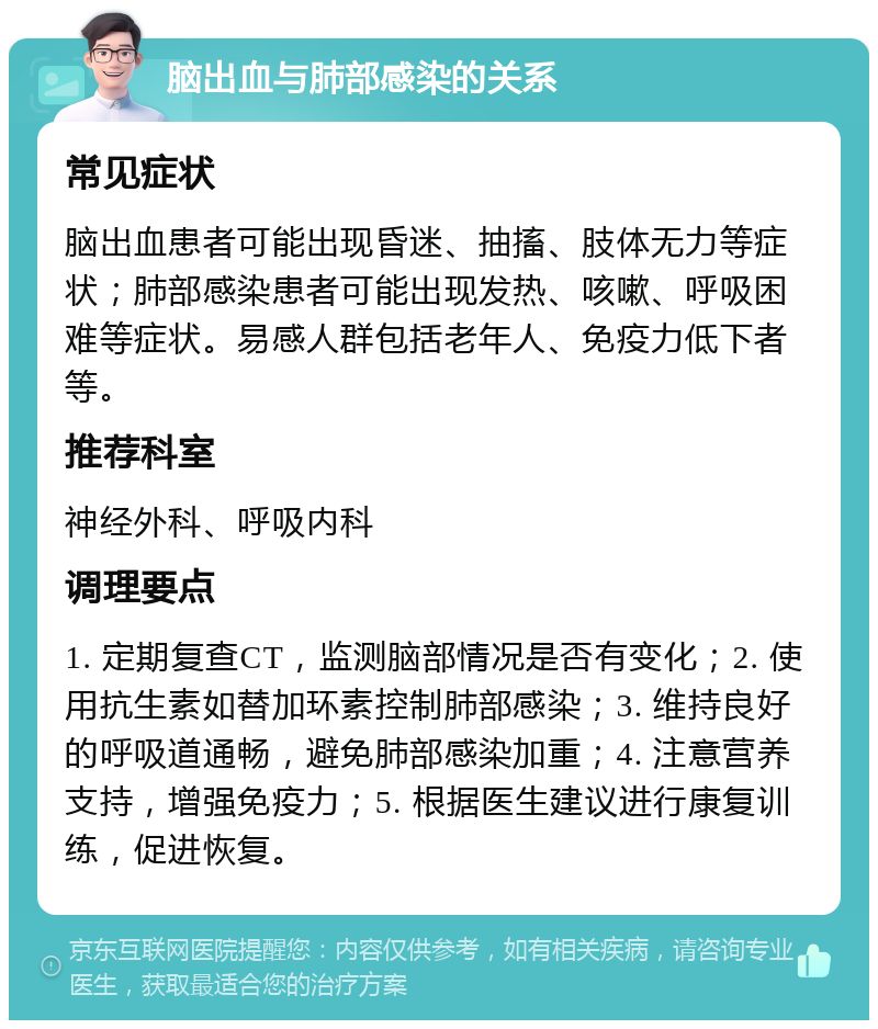 脑出血与肺部感染的关系 常见症状 脑出血患者可能出现昏迷、抽搐、肢体无力等症状；肺部感染患者可能出现发热、咳嗽、呼吸困难等症状。易感人群包括老年人、免疫力低下者等。 推荐科室 神经外科、呼吸内科 调理要点 1. 定期复查CT，监测脑部情况是否有变化；2. 使用抗生素如替加环素控制肺部感染；3. 维持良好的呼吸道通畅，避免肺部感染加重；4. 注意营养支持，增强免疫力；5. 根据医生建议进行康复训练，促进恢复。