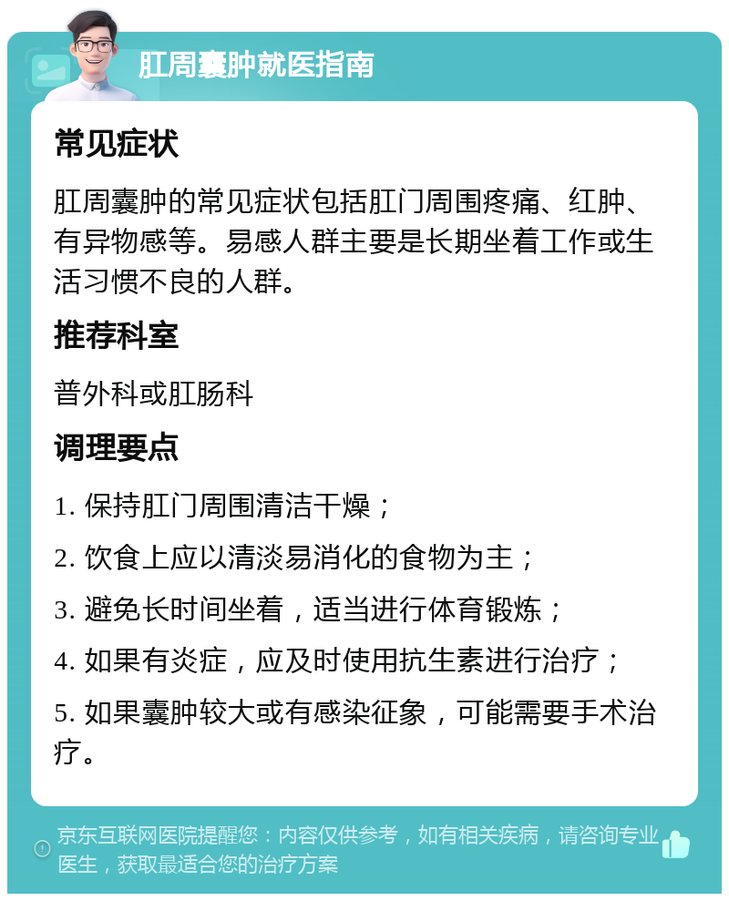 肛周囊肿就医指南 常见症状 肛周囊肿的常见症状包括肛门周围疼痛、红肿、有异物感等。易感人群主要是长期坐着工作或生活习惯不良的人群。 推荐科室 普外科或肛肠科 调理要点 1. 保持肛门周围清洁干燥； 2. 饮食上应以清淡易消化的食物为主； 3. 避免长时间坐着，适当进行体育锻炼； 4. 如果有炎症，应及时使用抗生素进行治疗； 5. 如果囊肿较大或有感染征象，可能需要手术治疗。