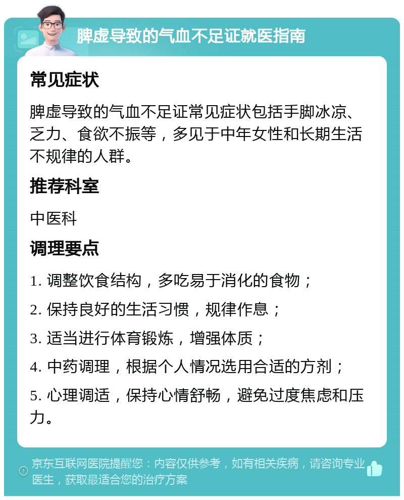 脾虚导致的气血不足证就医指南 常见症状 脾虚导致的气血不足证常见症状包括手脚冰凉、乏力、食欲不振等，多见于中年女性和长期生活不规律的人群。 推荐科室 中医科 调理要点 1. 调整饮食结构，多吃易于消化的食物； 2. 保持良好的生活习惯，规律作息； 3. 适当进行体育锻炼，增强体质； 4. 中药调理，根据个人情况选用合适的方剂； 5. 心理调适，保持心情舒畅，避免过度焦虑和压力。