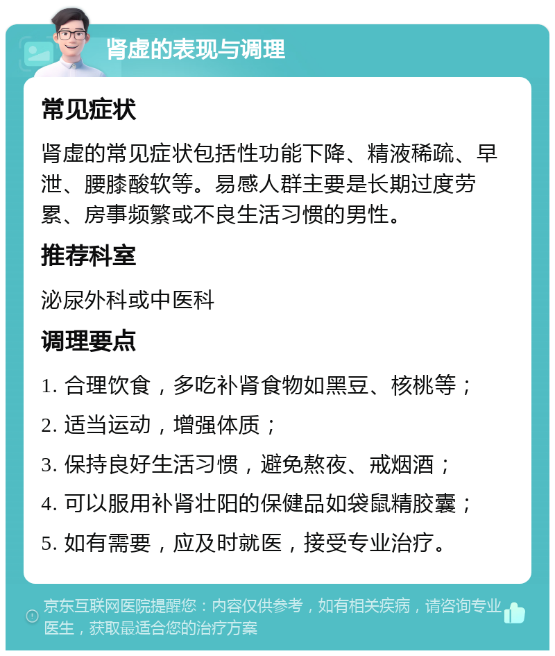 肾虚的表现与调理 常见症状 肾虚的常见症状包括性功能下降、精液稀疏、早泄、腰膝酸软等。易感人群主要是长期过度劳累、房事频繁或不良生活习惯的男性。 推荐科室 泌尿外科或中医科 调理要点 1. 合理饮食，多吃补肾食物如黑豆、核桃等； 2. 适当运动，增强体质； 3. 保持良好生活习惯，避免熬夜、戒烟酒； 4. 可以服用补肾壮阳的保健品如袋鼠精胶囊； 5. 如有需要，应及时就医，接受专业治疗。