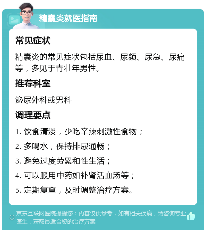 精囊炎就医指南 常见症状 精囊炎的常见症状包括尿血、尿频、尿急、尿痛等，多见于青壮年男性。 推荐科室 泌尿外科或男科 调理要点 1. 饮食清淡，少吃辛辣刺激性食物； 2. 多喝水，保持排尿通畅； 3. 避免过度劳累和性生活； 4. 可以服用中药如补肾活血汤等； 5. 定期复查，及时调整治疗方案。