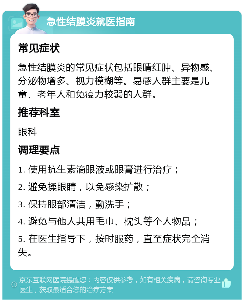 急性结膜炎就医指南 常见症状 急性结膜炎的常见症状包括眼睛红肿、异物感、分泌物增多、视力模糊等。易感人群主要是儿童、老年人和免疫力较弱的人群。 推荐科室 眼科 调理要点 1. 使用抗生素滴眼液或眼膏进行治疗； 2. 避免揉眼睛，以免感染扩散； 3. 保持眼部清洁，勤洗手； 4. 避免与他人共用毛巾、枕头等个人物品； 5. 在医生指导下，按时服药，直至症状完全消失。