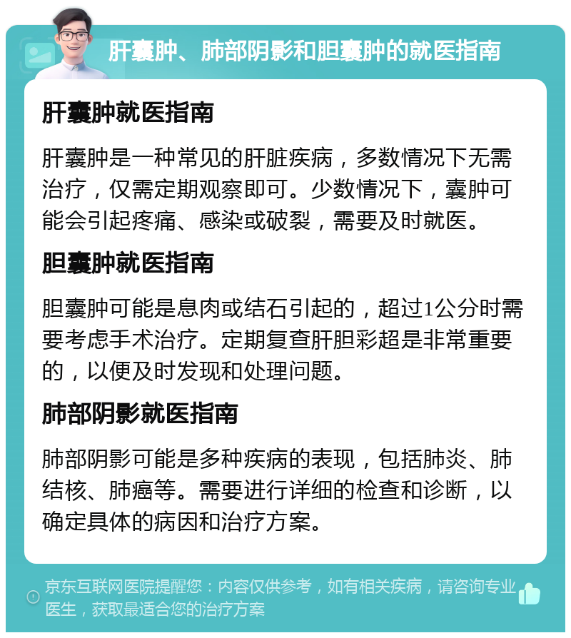 肝囊肿、肺部阴影和胆囊肿的就医指南 肝囊肿就医指南 肝囊肿是一种常见的肝脏疾病，多数情况下无需治疗，仅需定期观察即可。少数情况下，囊肿可能会引起疼痛、感染或破裂，需要及时就医。 胆囊肿就医指南 胆囊肿可能是息肉或结石引起的，超过1公分时需要考虑手术治疗。定期复查肝胆彩超是非常重要的，以便及时发现和处理问题。 肺部阴影就医指南 肺部阴影可能是多种疾病的表现，包括肺炎、肺结核、肺癌等。需要进行详细的检查和诊断，以确定具体的病因和治疗方案。