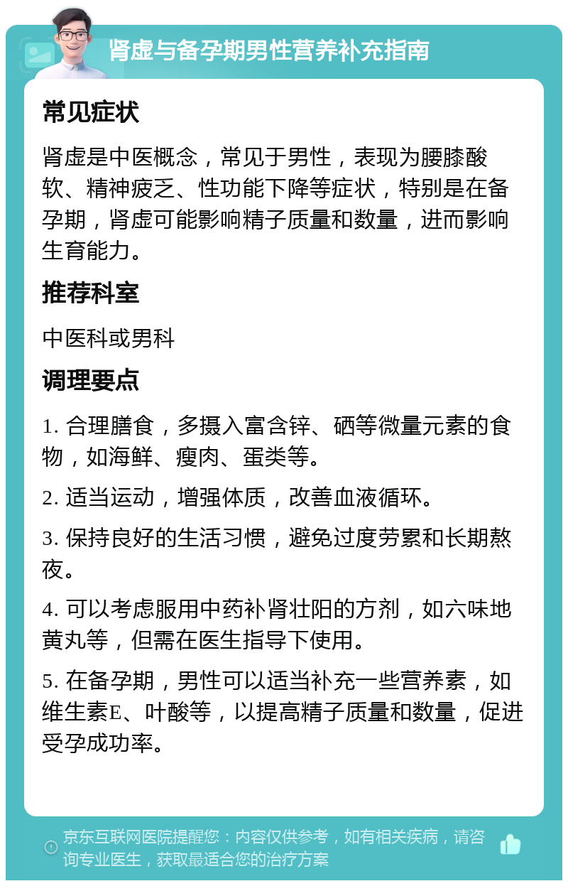 肾虚与备孕期男性营养补充指南 常见症状 肾虚是中医概念，常见于男性，表现为腰膝酸软、精神疲乏、性功能下降等症状，特别是在备孕期，肾虚可能影响精子质量和数量，进而影响生育能力。 推荐科室 中医科或男科 调理要点 1. 合理膳食，多摄入富含锌、硒等微量元素的食物，如海鲜、瘦肉、蛋类等。 2. 适当运动，增强体质，改善血液循环。 3. 保持良好的生活习惯，避免过度劳累和长期熬夜。 4. 可以考虑服用中药补肾壮阳的方剂，如六味地黄丸等，但需在医生指导下使用。 5. 在备孕期，男性可以适当补充一些营养素，如维生素E、叶酸等，以提高精子质量和数量，促进受孕成功率。