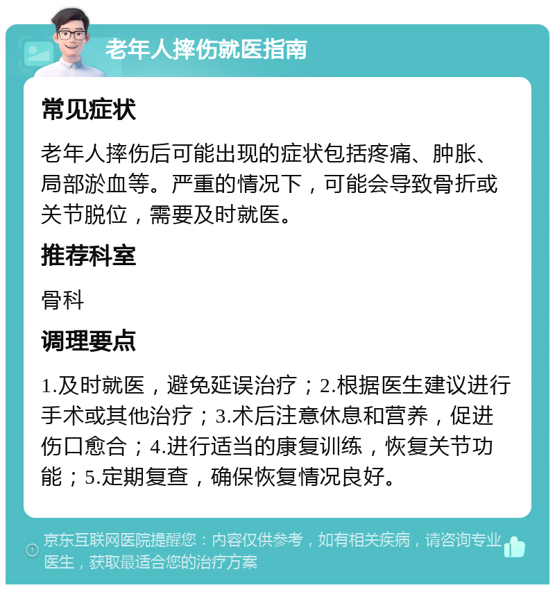 老年人摔伤就医指南 常见症状 老年人摔伤后可能出现的症状包括疼痛、肿胀、局部淤血等。严重的情况下，可能会导致骨折或关节脱位，需要及时就医。 推荐科室 骨科 调理要点 1.及时就医，避免延误治疗；2.根据医生建议进行手术或其他治疗；3.术后注意休息和营养，促进伤口愈合；4.进行适当的康复训练，恢复关节功能；5.定期复查，确保恢复情况良好。