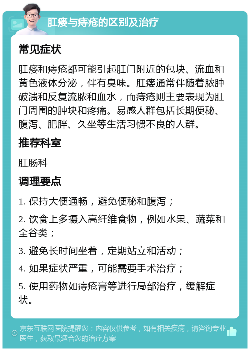 肛瘘与痔疮的区别及治疗 常见症状 肛瘘和痔疮都可能引起肛门附近的包块、流血和黄色液体分泌，伴有臭味。肛瘘通常伴随着脓肿破溃和反复流脓和血水，而痔疮则主要表现为肛门周围的肿块和疼痛。易感人群包括长期便秘、腹泻、肥胖、久坐等生活习惯不良的人群。 推荐科室 肛肠科 调理要点 1. 保持大便通畅，避免便秘和腹泻； 2. 饮食上多摄入高纤维食物，例如水果、蔬菜和全谷类； 3. 避免长时间坐着，定期站立和活动； 4. 如果症状严重，可能需要手术治疗； 5. 使用药物如痔疮膏等进行局部治疗，缓解症状。