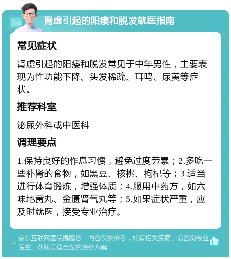 肾虚引起的阳痿和脱发就医指南 常见症状 肾虚引起的阳痿和脱发常见于中年男性，主要表现为性功能下降、头发稀疏、耳鸣、尿黄等症状。 推荐科室 泌尿外科或中医科 调理要点 1.保持良好的作息习惯，避免过度劳累；2.多吃一些补肾的食物，如黑豆、核桃、枸杞等；3.适当进行体育锻炼，增强体质；4.服用中药方，如六味地黄丸、金匮肾气丸等；5.如果症状严重，应及时就医，接受专业治疗。