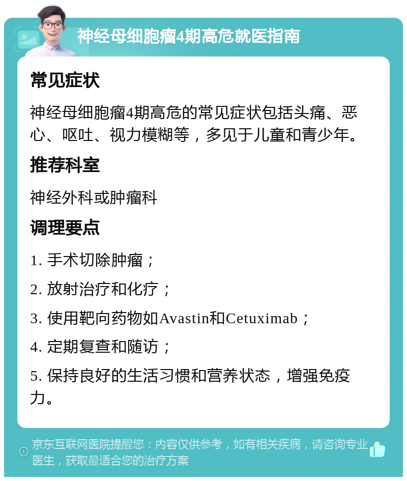 神经母细胞瘤4期高危就医指南 常见症状 神经母细胞瘤4期高危的常见症状包括头痛、恶心、呕吐、视力模糊等，多见于儿童和青少年。 推荐科室 神经外科或肿瘤科 调理要点 1. 手术切除肿瘤； 2. 放射治疗和化疗； 3. 使用靶向药物如Avastin和Cetuximab； 4. 定期复查和随访； 5. 保持良好的生活习惯和营养状态，增强免疫力。