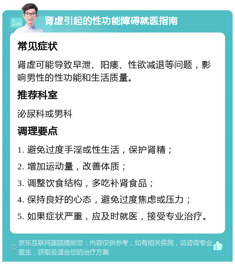 肾虚引起的性功能障碍就医指南 常见症状 肾虚可能导致早泄、阳痿、性欲减退等问题，影响男性的性功能和生活质量。 推荐科室 泌尿科或男科 调理要点 1. 避免过度手淫或性生活，保护肾精； 2. 增加运动量，改善体质； 3. 调整饮食结构，多吃补肾食品； 4. 保持良好的心态，避免过度焦虑或压力； 5. 如果症状严重，应及时就医，接受专业治疗。