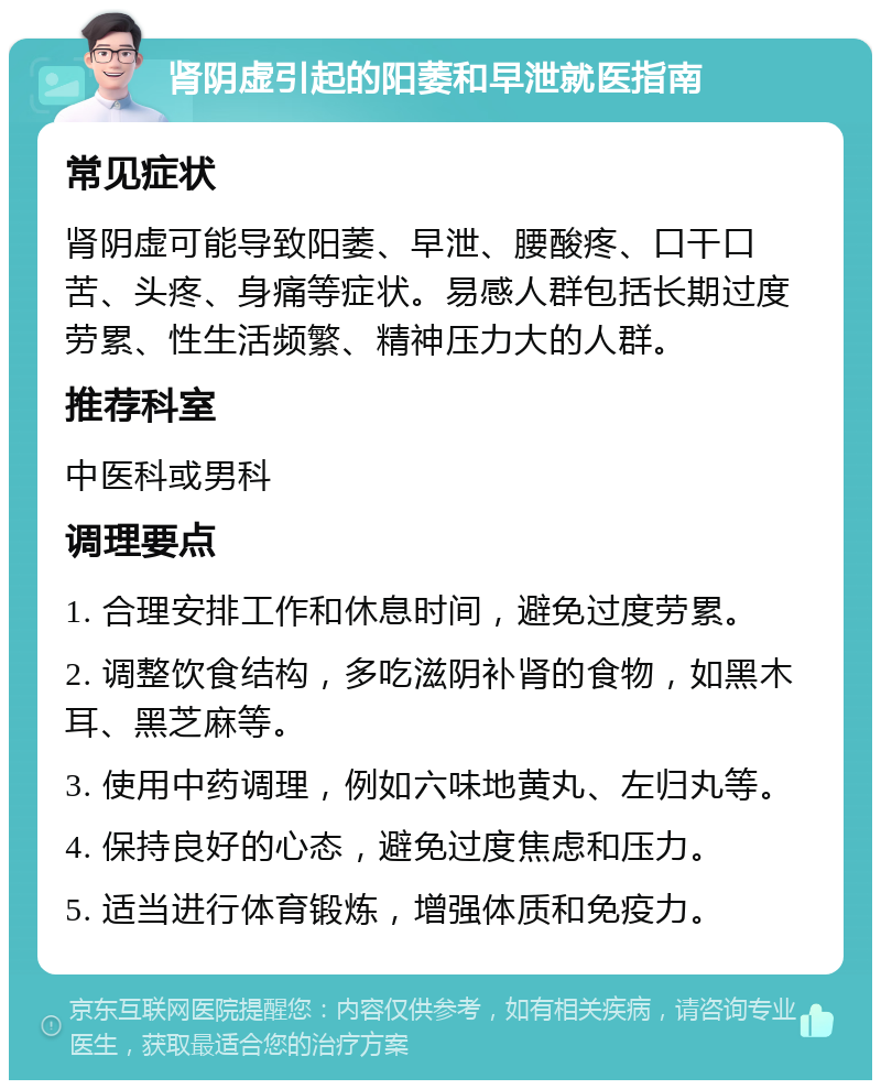 肾阴虚引起的阳萎和早泄就医指南 常见症状 肾阴虚可能导致阳萎、早泄、腰酸疼、口干口苦、头疼、身痛等症状。易感人群包括长期过度劳累、性生活频繁、精神压力大的人群。 推荐科室 中医科或男科 调理要点 1. 合理安排工作和休息时间，避免过度劳累。 2. 调整饮食结构，多吃滋阴补肾的食物，如黑木耳、黑芝麻等。 3. 使用中药调理，例如六味地黄丸、左归丸等。 4. 保持良好的心态，避免过度焦虑和压力。 5. 适当进行体育锻炼，增强体质和免疫力。