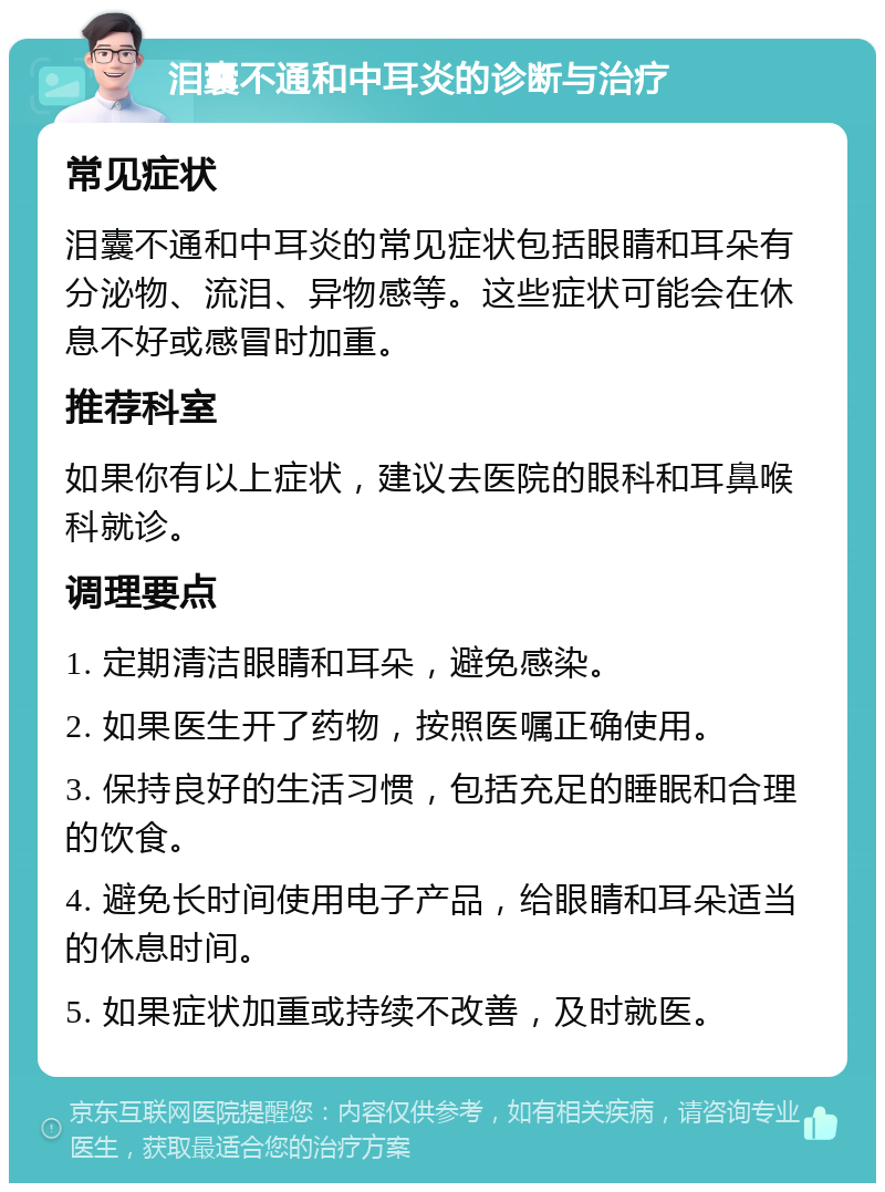 泪囊不通和中耳炎的诊断与治疗 常见症状 泪囊不通和中耳炎的常见症状包括眼睛和耳朵有分泌物、流泪、异物感等。这些症状可能会在休息不好或感冒时加重。 推荐科室 如果你有以上症状，建议去医院的眼科和耳鼻喉科就诊。 调理要点 1. 定期清洁眼睛和耳朵，避免感染。 2. 如果医生开了药物，按照医嘱正确使用。 3. 保持良好的生活习惯，包括充足的睡眠和合理的饮食。 4. 避免长时间使用电子产品，给眼睛和耳朵适当的休息时间。 5. 如果症状加重或持续不改善，及时就医。