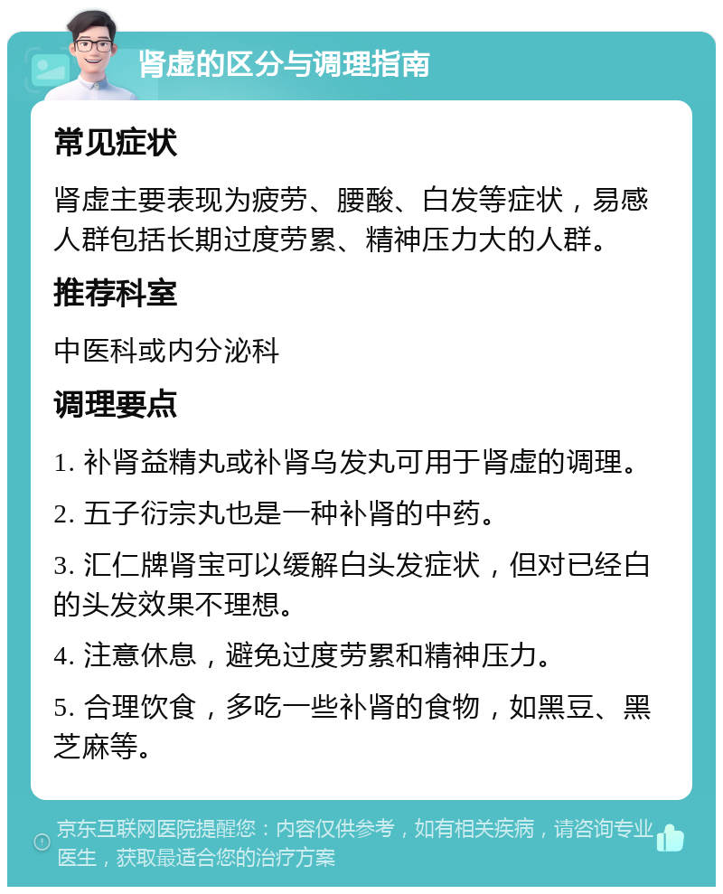 肾虚的区分与调理指南 常见症状 肾虚主要表现为疲劳、腰酸、白发等症状，易感人群包括长期过度劳累、精神压力大的人群。 推荐科室 中医科或内分泌科 调理要点 1. 补肾益精丸或补肾乌发丸可用于肾虚的调理。 2. 五子衍宗丸也是一种补肾的中药。 3. 汇仁牌肾宝可以缓解白头发症状，但对已经白的头发效果不理想。 4. 注意休息，避免过度劳累和精神压力。 5. 合理饮食，多吃一些补肾的食物，如黑豆、黑芝麻等。