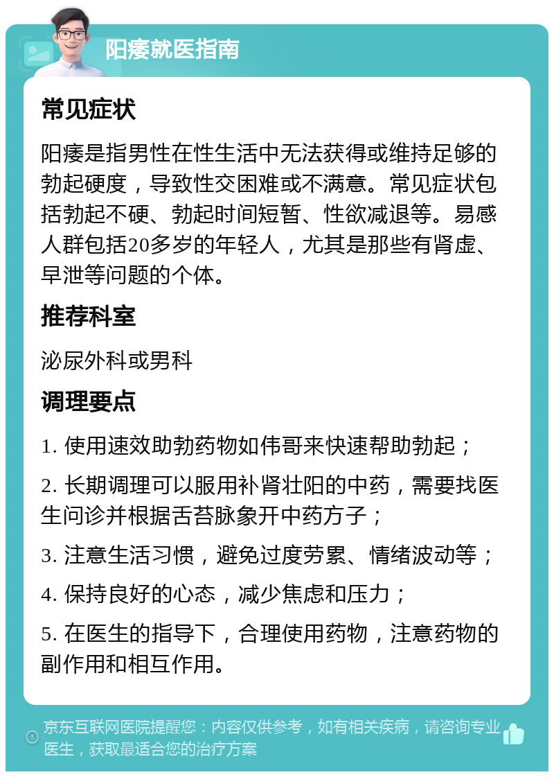 阳痿就医指南 常见症状 阳痿是指男性在性生活中无法获得或维持足够的勃起硬度，导致性交困难或不满意。常见症状包括勃起不硬、勃起时间短暂、性欲减退等。易感人群包括20多岁的年轻人，尤其是那些有肾虚、早泄等问题的个体。 推荐科室 泌尿外科或男科 调理要点 1. 使用速效助勃药物如伟哥来快速帮助勃起； 2. 长期调理可以服用补肾壮阳的中药，需要找医生问诊并根据舌苔脉象开中药方子； 3. 注意生活习惯，避免过度劳累、情绪波动等； 4. 保持良好的心态，减少焦虑和压力； 5. 在医生的指导下，合理使用药物，注意药物的副作用和相互作用。