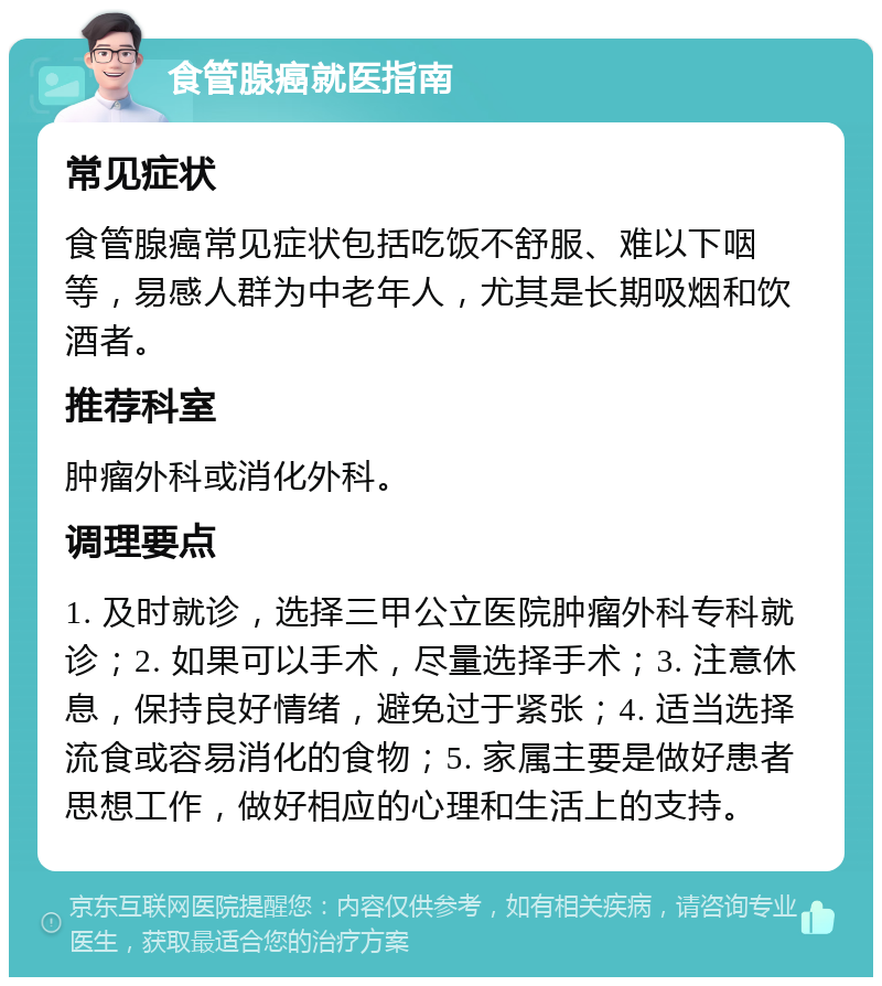 食管腺癌就医指南 常见症状 食管腺癌常见症状包括吃饭不舒服、难以下咽等，易感人群为中老年人，尤其是长期吸烟和饮酒者。 推荐科室 肿瘤外科或消化外科。 调理要点 1. 及时就诊，选择三甲公立医院肿瘤外科专科就诊；2. 如果可以手术，尽量选择手术；3. 注意休息，保持良好情绪，避免过于紧张；4. 适当选择流食或容易消化的食物；5. 家属主要是做好患者思想工作，做好相应的心理和生活上的支持。