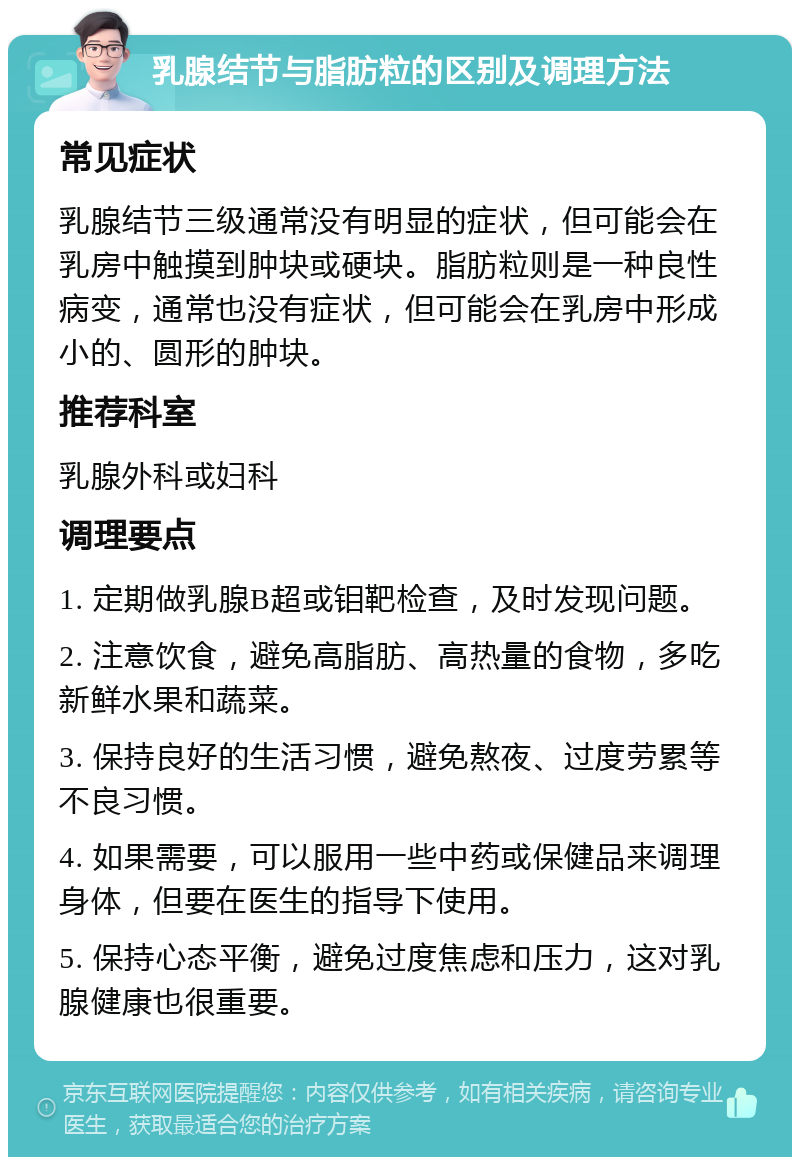 乳腺结节与脂肪粒的区别及调理方法 常见症状 乳腺结节三级通常没有明显的症状，但可能会在乳房中触摸到肿块或硬块。脂肪粒则是一种良性病变，通常也没有症状，但可能会在乳房中形成小的、圆形的肿块。 推荐科室 乳腺外科或妇科 调理要点 1. 定期做乳腺B超或钼靶检查，及时发现问题。 2. 注意饮食，避免高脂肪、高热量的食物，多吃新鲜水果和蔬菜。 3. 保持良好的生活习惯，避免熬夜、过度劳累等不良习惯。 4. 如果需要，可以服用一些中药或保健品来调理身体，但要在医生的指导下使用。 5. 保持心态平衡，避免过度焦虑和压力，这对乳腺健康也很重要。