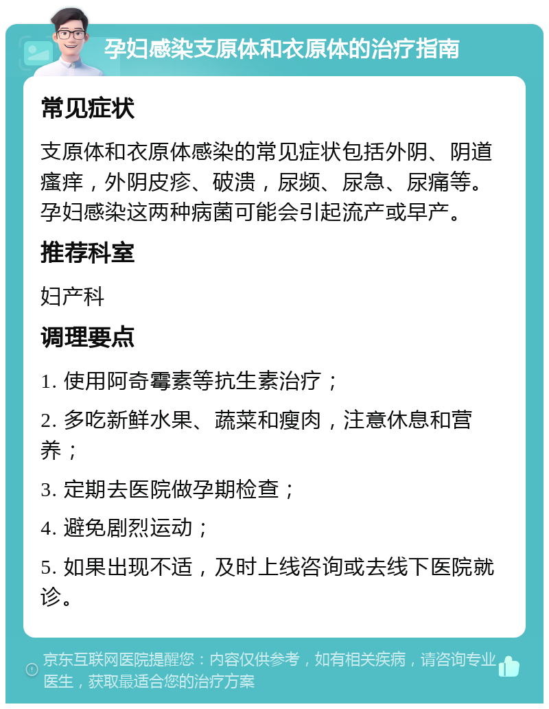 孕妇感染支原体和衣原体的治疗指南 常见症状 支原体和衣原体感染的常见症状包括外阴、阴道瘙痒，外阴皮疹、破溃，尿频、尿急、尿痛等。孕妇感染这两种病菌可能会引起流产或早产。 推荐科室 妇产科 调理要点 1. 使用阿奇霉素等抗生素治疗； 2. 多吃新鲜水果、蔬菜和瘦肉，注意休息和营养； 3. 定期去医院做孕期检查； 4. 避免剧烈运动； 5. 如果出现不适，及时上线咨询或去线下医院就诊。