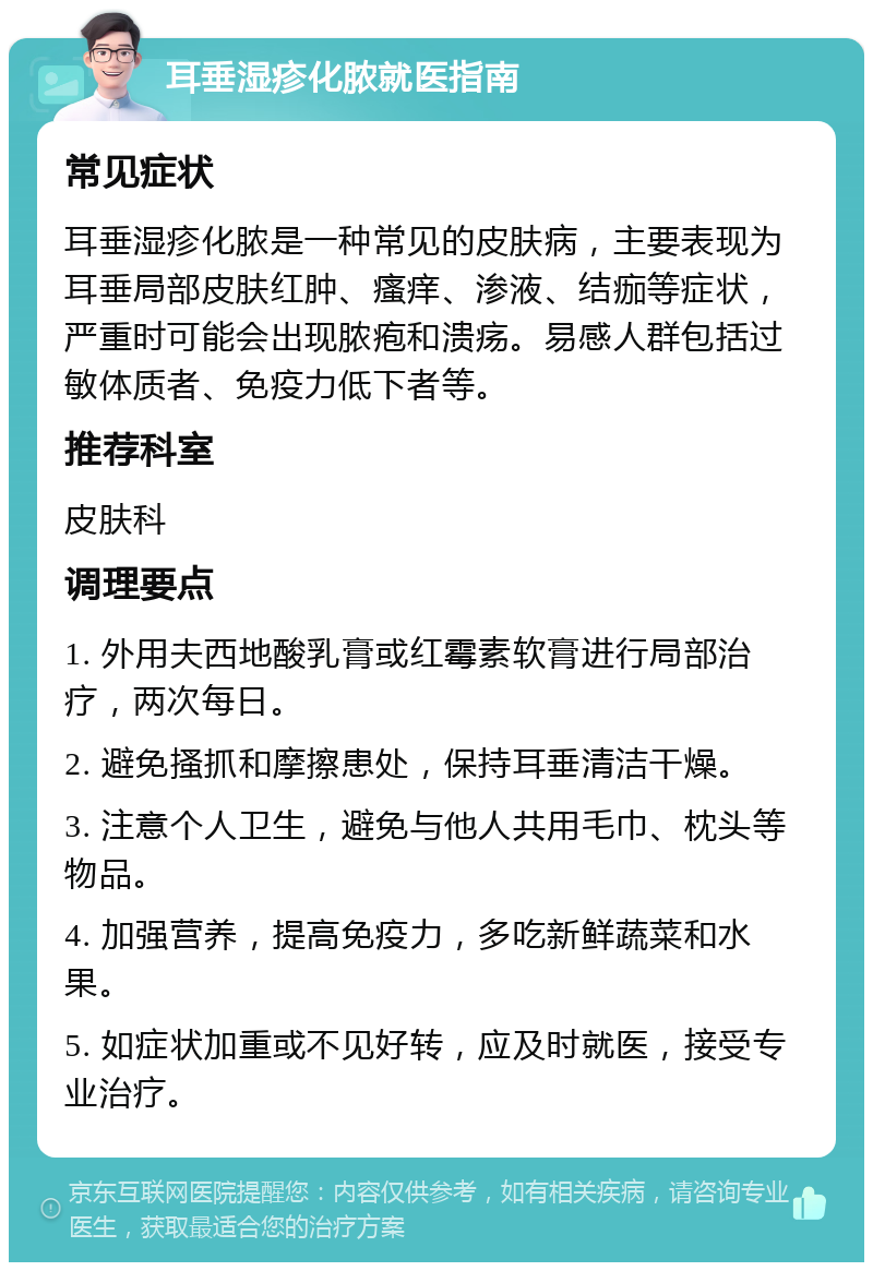 耳垂湿疹化脓就医指南 常见症状 耳垂湿疹化脓是一种常见的皮肤病，主要表现为耳垂局部皮肤红肿、瘙痒、渗液、结痂等症状，严重时可能会出现脓疱和溃疡。易感人群包括过敏体质者、免疫力低下者等。 推荐科室 皮肤科 调理要点 1. 外用夫西地酸乳膏或红霉素软膏进行局部治疗，两次每日。 2. 避免搔抓和摩擦患处，保持耳垂清洁干燥。 3. 注意个人卫生，避免与他人共用毛巾、枕头等物品。 4. 加强营养，提高免疫力，多吃新鲜蔬菜和水果。 5. 如症状加重或不见好转，应及时就医，接受专业治疗。