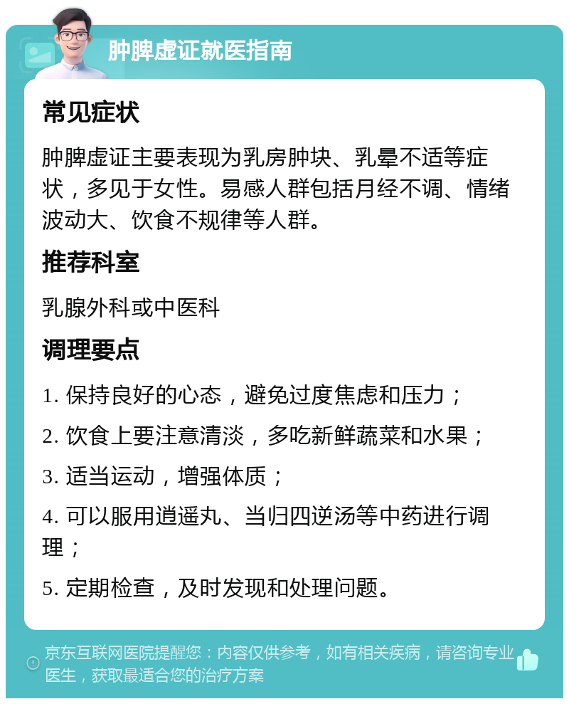 肿脾虚证就医指南 常见症状 肿脾虚证主要表现为乳房肿块、乳晕不适等症状，多见于女性。易感人群包括月经不调、情绪波动大、饮食不规律等人群。 推荐科室 乳腺外科或中医科 调理要点 1. 保持良好的心态，避免过度焦虑和压力； 2. 饮食上要注意清淡，多吃新鲜蔬菜和水果； 3. 适当运动，增强体质； 4. 可以服用逍遥丸、当归四逆汤等中药进行调理； 5. 定期检查，及时发现和处理问题。