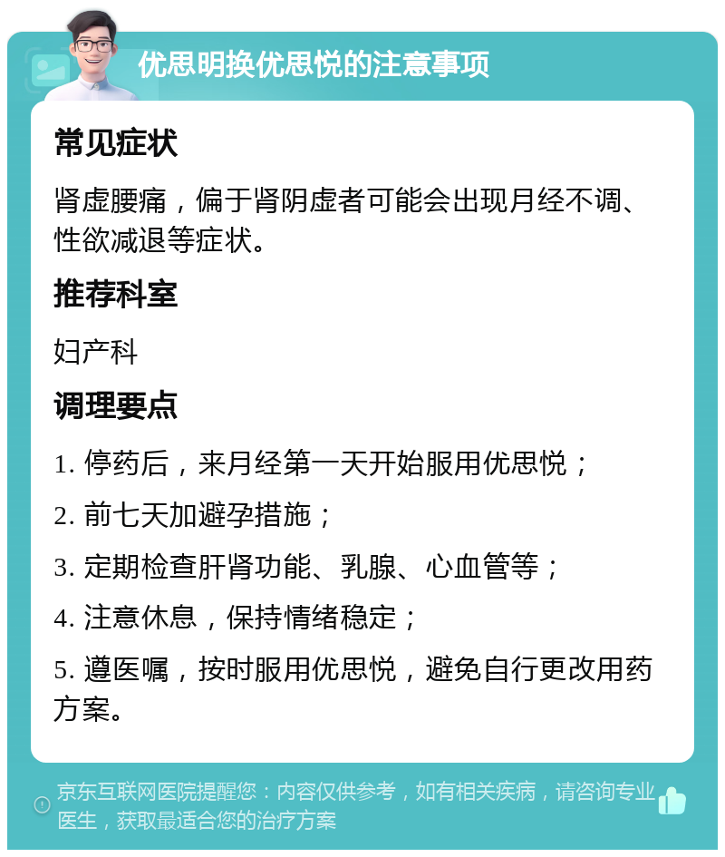 优思明换优思悦的注意事项 常见症状 肾虚腰痛，偏于肾阴虚者可能会出现月经不调、性欲减退等症状。 推荐科室 妇产科 调理要点 1. 停药后，来月经第一天开始服用优思悦； 2. 前七天加避孕措施； 3. 定期检查肝肾功能、乳腺、心血管等； 4. 注意休息，保持情绪稳定； 5. 遵医嘱，按时服用优思悦，避免自行更改用药方案。