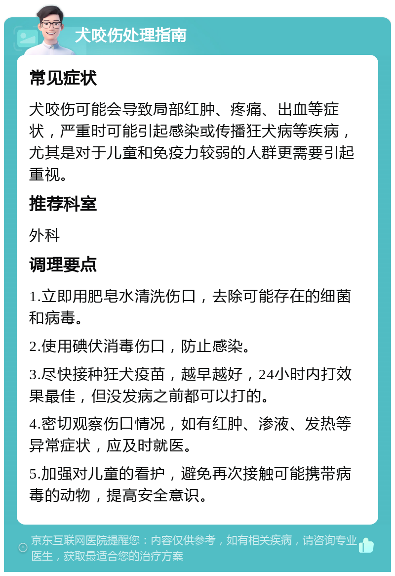 犬咬伤处理指南 常见症状 犬咬伤可能会导致局部红肿、疼痛、出血等症状，严重时可能引起感染或传播狂犬病等疾病，尤其是对于儿童和免疫力较弱的人群更需要引起重视。 推荐科室 外科 调理要点 1.立即用肥皂水清洗伤口，去除可能存在的细菌和病毒。 2.使用碘伏消毒伤口，防止感染。 3.尽快接种狂犬疫苗，越早越好，24小时内打效果最佳，但没发病之前都可以打的。 4.密切观察伤口情况，如有红肿、渗液、发热等异常症状，应及时就医。 5.加强对儿童的看护，避免再次接触可能携带病毒的动物，提高安全意识。