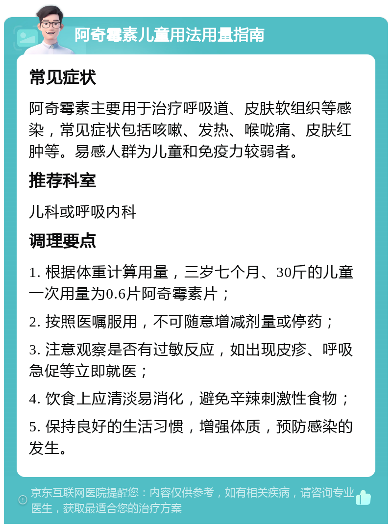 阿奇霉素儿童用法用量指南 常见症状 阿奇霉素主要用于治疗呼吸道、皮肤软组织等感染，常见症状包括咳嗽、发热、喉咙痛、皮肤红肿等。易感人群为儿童和免疫力较弱者。 推荐科室 儿科或呼吸内科 调理要点 1. 根据体重计算用量，三岁七个月、30斤的儿童一次用量为0.6片阿奇霉素片； 2. 按照医嘱服用，不可随意增减剂量或停药； 3. 注意观察是否有过敏反应，如出现皮疹、呼吸急促等立即就医； 4. 饮食上应清淡易消化，避免辛辣刺激性食物； 5. 保持良好的生活习惯，增强体质，预防感染的发生。