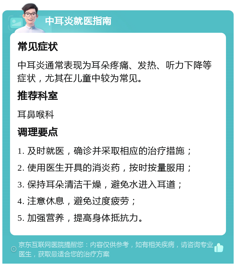 中耳炎就医指南 常见症状 中耳炎通常表现为耳朵疼痛、发热、听力下降等症状，尤其在儿童中较为常见。 推荐科室 耳鼻喉科 调理要点 1. 及时就医，确诊并采取相应的治疗措施； 2. 使用医生开具的消炎药，按时按量服用； 3. 保持耳朵清洁干燥，避免水进入耳道； 4. 注意休息，避免过度疲劳； 5. 加强营养，提高身体抵抗力。