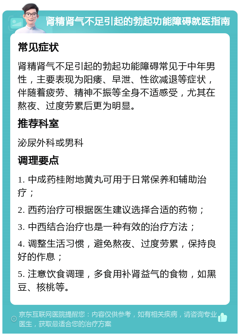 肾精肾气不足引起的勃起功能障碍就医指南 常见症状 肾精肾气不足引起的勃起功能障碍常见于中年男性，主要表现为阳痿、早泄、性欲减退等症状，伴随着疲劳、精神不振等全身不适感受，尤其在熬夜、过度劳累后更为明显。 推荐科室 泌尿外科或男科 调理要点 1. 中成药桂附地黄丸可用于日常保养和辅助治疗； 2. 西药治疗可根据医生建议选择合适的药物； 3. 中西结合治疗也是一种有效的治疗方法； 4. 调整生活习惯，避免熬夜、过度劳累，保持良好的作息； 5. 注意饮食调理，多食用补肾益气的食物，如黑豆、核桃等。