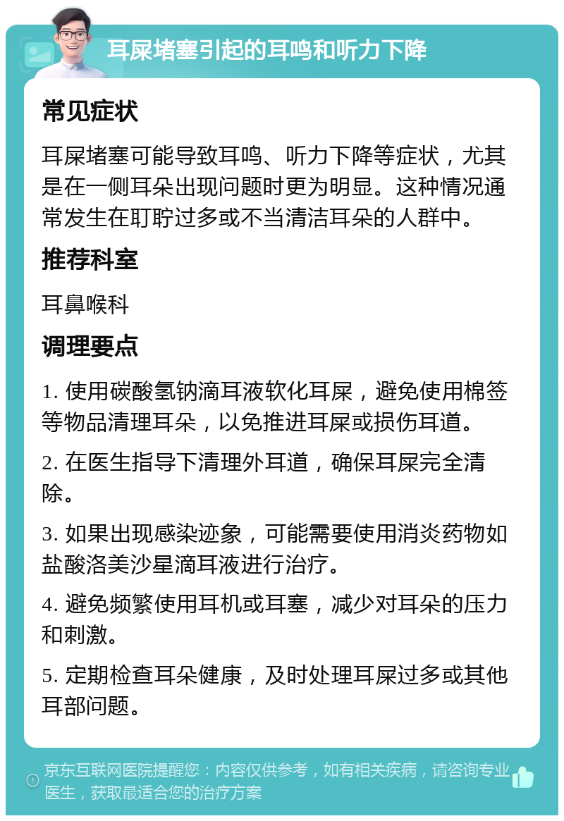 耳屎堵塞引起的耳鸣和听力下降 常见症状 耳屎堵塞可能导致耳鸣、听力下降等症状，尤其是在一侧耳朵出现问题时更为明显。这种情况通常发生在耵聍过多或不当清洁耳朵的人群中。 推荐科室 耳鼻喉科 调理要点 1. 使用碳酸氢钠滴耳液软化耳屎，避免使用棉签等物品清理耳朵，以免推进耳屎或损伤耳道。 2. 在医生指导下清理外耳道，确保耳屎完全清除。 3. 如果出现感染迹象，可能需要使用消炎药物如盐酸洛美沙星滴耳液进行治疗。 4. 避免频繁使用耳机或耳塞，减少对耳朵的压力和刺激。 5. 定期检查耳朵健康，及时处理耳屎过多或其他耳部问题。