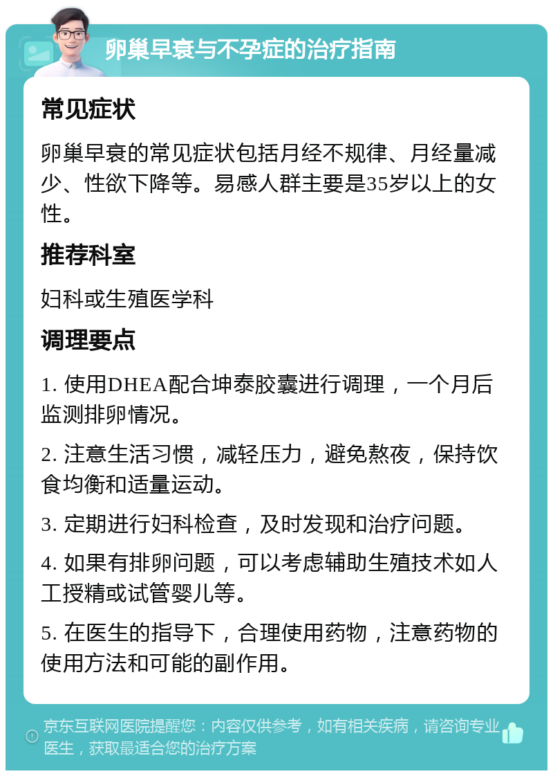 卵巢早衰与不孕症的治疗指南 常见症状 卵巢早衰的常见症状包括月经不规律、月经量减少、性欲下降等。易感人群主要是35岁以上的女性。 推荐科室 妇科或生殖医学科 调理要点 1. 使用DHEA配合坤泰胶囊进行调理，一个月后监测排卵情况。 2. 注意生活习惯，减轻压力，避免熬夜，保持饮食均衡和适量运动。 3. 定期进行妇科检查，及时发现和治疗问题。 4. 如果有排卵问题，可以考虑辅助生殖技术如人工授精或试管婴儿等。 5. 在医生的指导下，合理使用药物，注意药物的使用方法和可能的副作用。