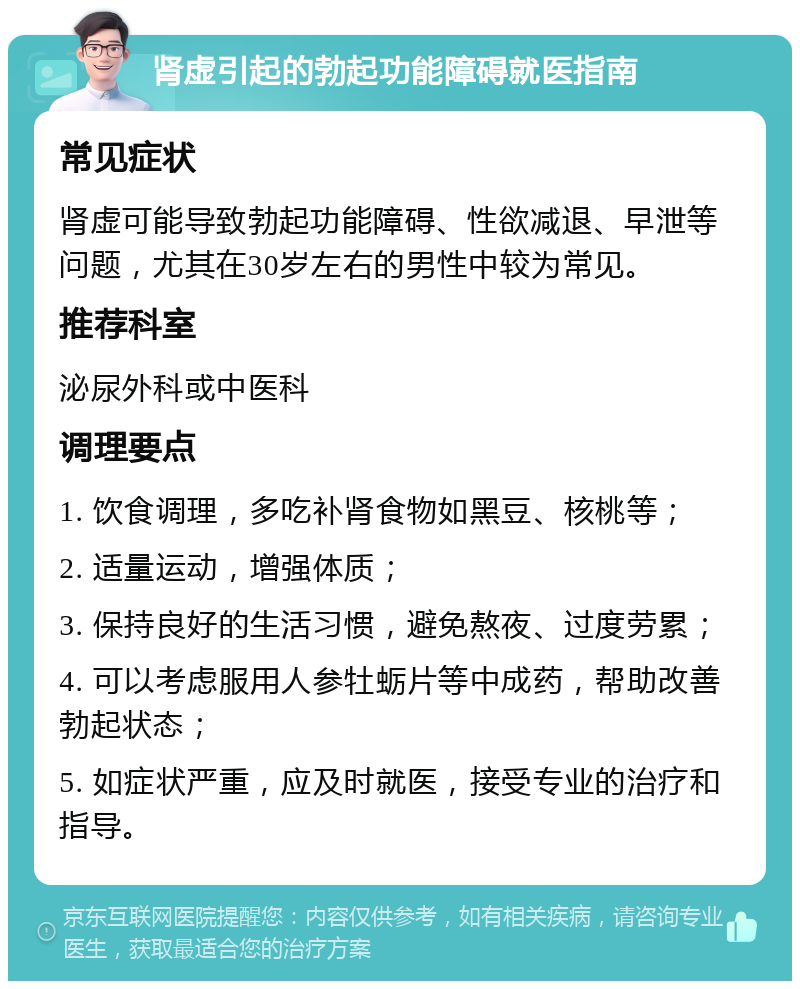 肾虚引起的勃起功能障碍就医指南 常见症状 肾虚可能导致勃起功能障碍、性欲减退、早泄等问题，尤其在30岁左右的男性中较为常见。 推荐科室 泌尿外科或中医科 调理要点 1. 饮食调理，多吃补肾食物如黑豆、核桃等； 2. 适量运动，增强体质； 3. 保持良好的生活习惯，避免熬夜、过度劳累； 4. 可以考虑服用人参牡蛎片等中成药，帮助改善勃起状态； 5. 如症状严重，应及时就医，接受专业的治疗和指导。