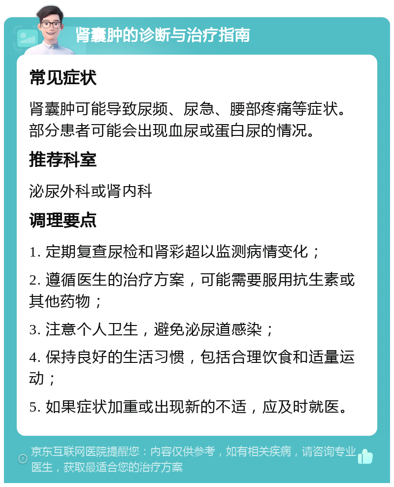 肾囊肿的诊断与治疗指南 常见症状 肾囊肿可能导致尿频、尿急、腰部疼痛等症状。部分患者可能会出现血尿或蛋白尿的情况。 推荐科室 泌尿外科或肾内科 调理要点 1. 定期复查尿检和肾彩超以监测病情变化； 2. 遵循医生的治疗方案，可能需要服用抗生素或其他药物； 3. 注意个人卫生，避免泌尿道感染； 4. 保持良好的生活习惯，包括合理饮食和适量运动； 5. 如果症状加重或出现新的不适，应及时就医。