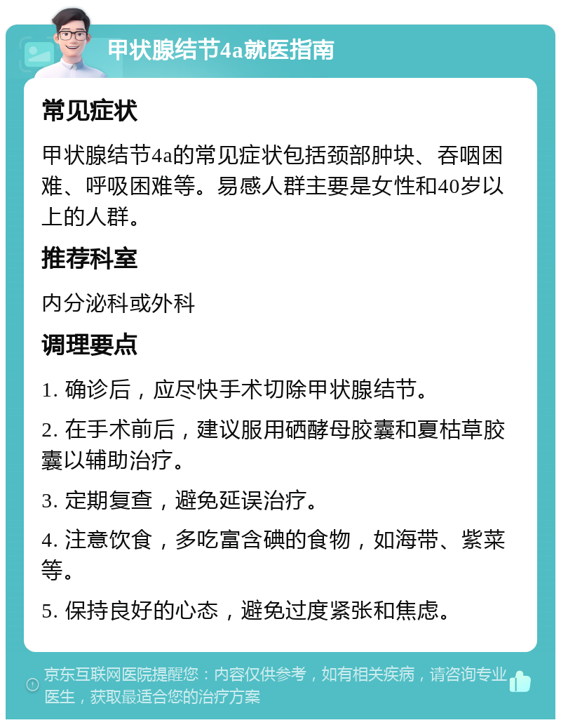 甲状腺结节4a就医指南 常见症状 甲状腺结节4a的常见症状包括颈部肿块、吞咽困难、呼吸困难等。易感人群主要是女性和40岁以上的人群。 推荐科室 内分泌科或外科 调理要点 1. 确诊后，应尽快手术切除甲状腺结节。 2. 在手术前后，建议服用硒酵母胶囊和夏枯草胶囊以辅助治疗。 3. 定期复查，避免延误治疗。 4. 注意饮食，多吃富含碘的食物，如海带、紫菜等。 5. 保持良好的心态，避免过度紧张和焦虑。