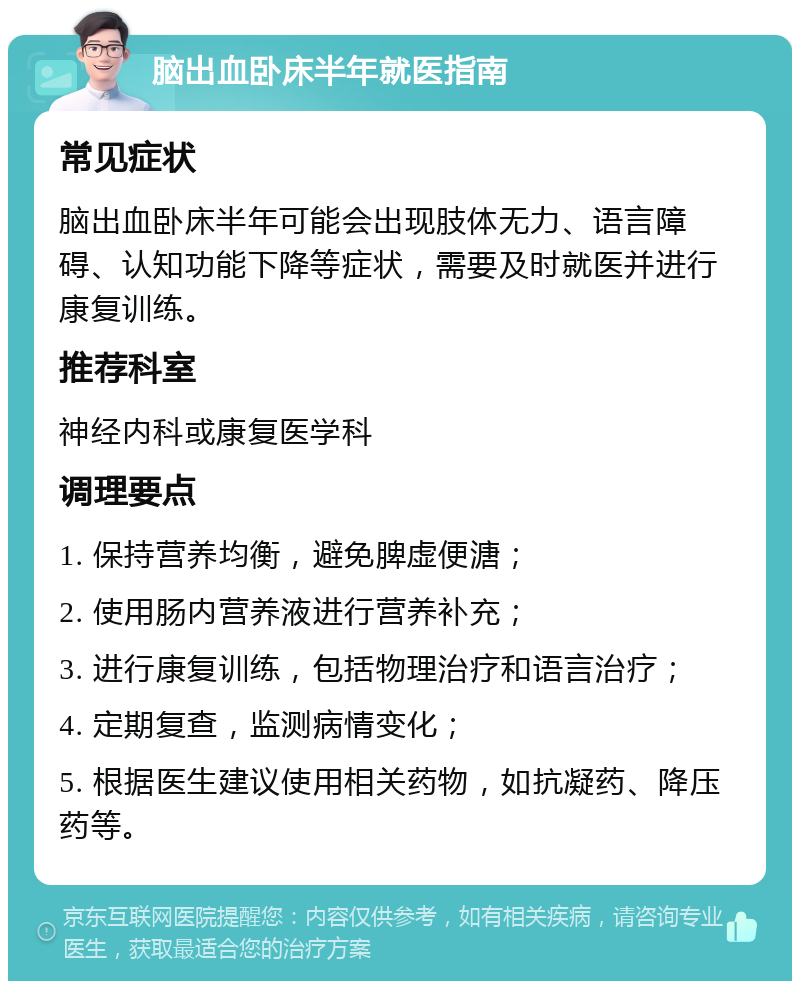 脑出血卧床半年就医指南 常见症状 脑出血卧床半年可能会出现肢体无力、语言障碍、认知功能下降等症状，需要及时就医并进行康复训练。 推荐科室 神经内科或康复医学科 调理要点 1. 保持营养均衡，避免脾虚便溏； 2. 使用肠内营养液进行营养补充； 3. 进行康复训练，包括物理治疗和语言治疗； 4. 定期复查，监测病情变化； 5. 根据医生建议使用相关药物，如抗凝药、降压药等。