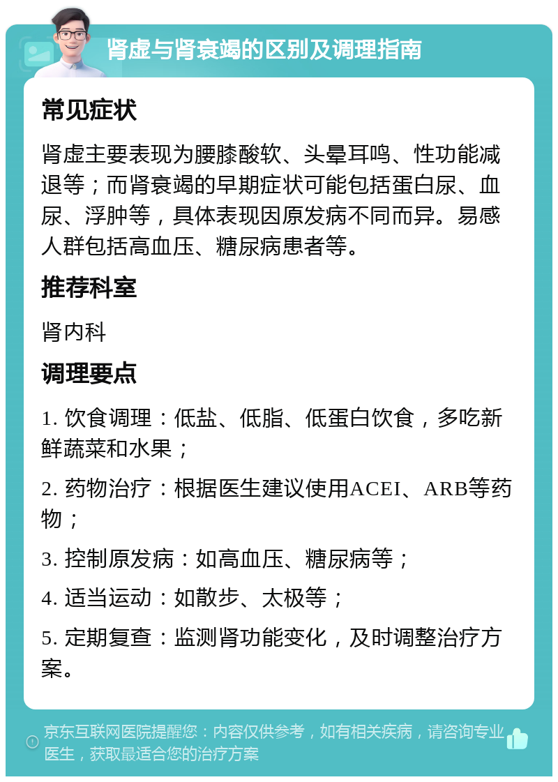 肾虚与肾衰竭的区别及调理指南 常见症状 肾虚主要表现为腰膝酸软、头晕耳鸣、性功能减退等；而肾衰竭的早期症状可能包括蛋白尿、血尿、浮肿等，具体表现因原发病不同而异。易感人群包括高血压、糖尿病患者等。 推荐科室 肾内科 调理要点 1. 饮食调理：低盐、低脂、低蛋白饮食，多吃新鲜蔬菜和水果； 2. 药物治疗：根据医生建议使用ACEI、ARB等药物； 3. 控制原发病：如高血压、糖尿病等； 4. 适当运动：如散步、太极等； 5. 定期复查：监测肾功能变化，及时调整治疗方案。