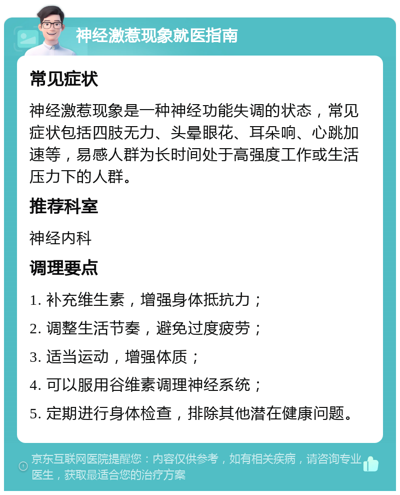 神经激惹现象就医指南 常见症状 神经激惹现象是一种神经功能失调的状态，常见症状包括四肢无力、头晕眼花、耳朵响、心跳加速等，易感人群为长时间处于高强度工作或生活压力下的人群。 推荐科室 神经内科 调理要点 1. 补充维生素，增强身体抵抗力； 2. 调整生活节奏，避免过度疲劳； 3. 适当运动，增强体质； 4. 可以服用谷维素调理神经系统； 5. 定期进行身体检查，排除其他潜在健康问题。