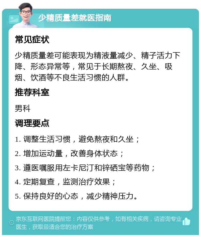 少精质量差就医指南 常见症状 少精质量差可能表现为精液量减少、精子活力下降、形态异常等，常见于长期熬夜、久坐、吸烟、饮酒等不良生活习惯的人群。 推荐科室 男科 调理要点 1. 调整生活习惯，避免熬夜和久坐； 2. 增加运动量，改善身体状态； 3. 遵医嘱服用左卡尼汀和锌硒宝等药物； 4. 定期复查，监测治疗效果； 5. 保持良好的心态，减少精神压力。