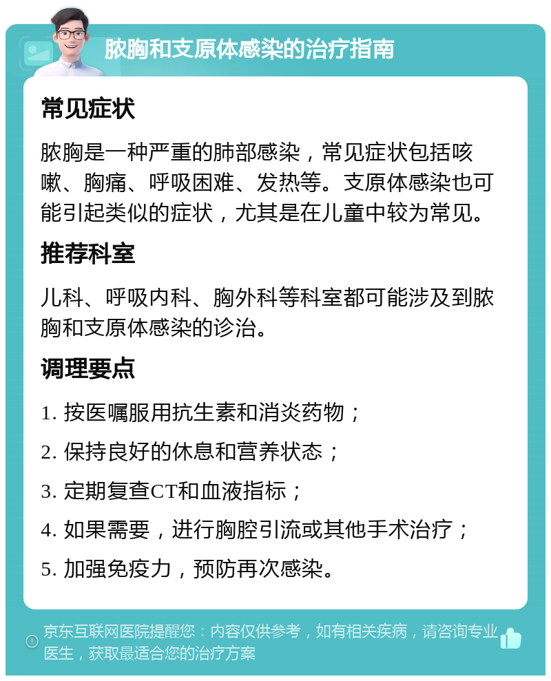 脓胸和支原体感染的治疗指南 常见症状 脓胸是一种严重的肺部感染，常见症状包括咳嗽、胸痛、呼吸困难、发热等。支原体感染也可能引起类似的症状，尤其是在儿童中较为常见。 推荐科室 儿科、呼吸内科、胸外科等科室都可能涉及到脓胸和支原体感染的诊治。 调理要点 1. 按医嘱服用抗生素和消炎药物； 2. 保持良好的休息和营养状态； 3. 定期复查CT和血液指标； 4. 如果需要，进行胸腔引流或其他手术治疗； 5. 加强免疫力，预防再次感染。